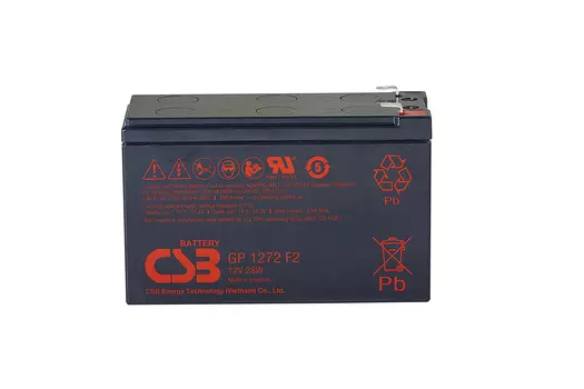 Батарея CSB серия GP, GP1272 F2 (12V28W) , напряжение 12В, емкость 28 Вт/Эл при 15-мин. разряде до U кон. - 1.67 В/Эл при 25 °С, (разряд 20 часов), макс. ток разряда (5 сек.) 130А, ток короткого замыкания 304А, макс. ток заряда 2.8A, свинцово-кислотная ти