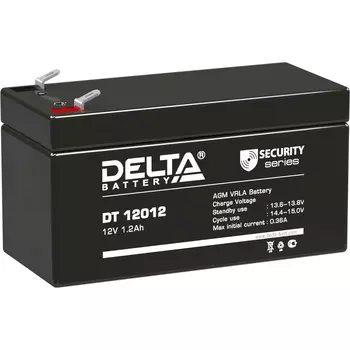Батарея DELTA серия DT, DT 12012, напряжение 12В, емкость 1.2Ач (разряд 20 часов), макс. ток разряда (5 сек.) 19.5А, макс. ток заряда 0.36А, свинцово-кислотная типа AGM, клеммы F1, ДxШxВ 97х45х52мм., вес 0.55кг., срок службы 5 лет. Delta DT 12012 (12V /