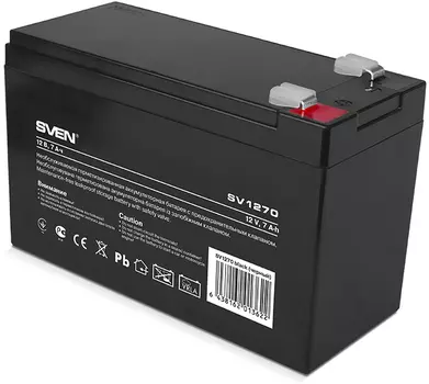 Батарея SVEN SV 1270 (12V 7Ah), напряжение 12В, емкость 7А*ч, макс. ток разряда 105А, макс. ток заряда 2.1А, свинцово-кислотная типа AGM, тип клемм F2, Д/Ш/В 151/65/94 мм, 2.1кг Sven SV1270 (SV-0222007)