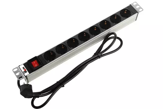 Блок розеток Rem-16 с выкл., 8 Schuko, 16 A, алюм., 19", шнур 3 м (R-16-8S-V-440-3)