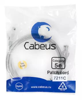 Cabeus PC-UTP-RJ45-Cat.5e-1m Патч-корд U/UTP, категория 5е, 2xRJ45/8p8c, неэкранированный, серый, PVC, 1м (PC-UTP-RJ45-Cat.5e-1m)