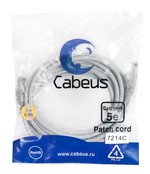 Cabeus PC-UTP-RJ45-Cat.5e-3m Патч-корд U/UTP, категория 5е, 2xRJ45/8p8c, неэкранированный, серый, PVC, 3м (PC-UTP-RJ45-Cat.5e-3m)