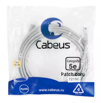 Cabeus PC-UTP-RJ45-Cat.5e-5m Патч-корд U/UTP, категория 5е, 2xRJ45/8p8c, неэкранированный, серый, PVC, 5м (PC-UTP-RJ45-Cat.5e-5m)