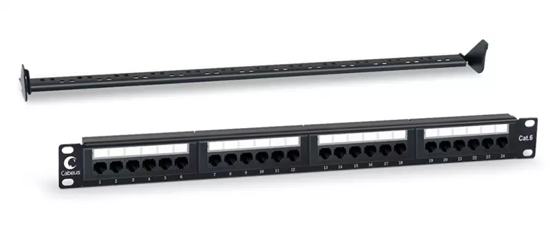 Cabeus PL-24-Cat.6-Dual IDC Патч-панель 19" (1U), 24 порта RJ-45, категория 6, Dual IDC, с задним кабельным организатором (PL-24-Cat.6-Dual)