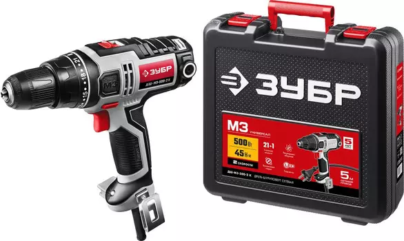 Дрель-шуруповерт Зубр ДШ-М3-500-2 К 500Вт патрон:быстрозажимной (кейс в комплекте)