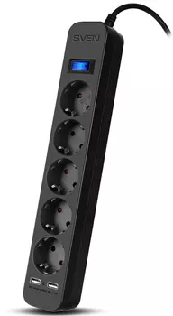 Фильтр SVEN SF-05LU 5.0 м (5 евро розеток,2*USB(2,4А)) черный, цветная коробка Sven SF-05LU (SV-018856)