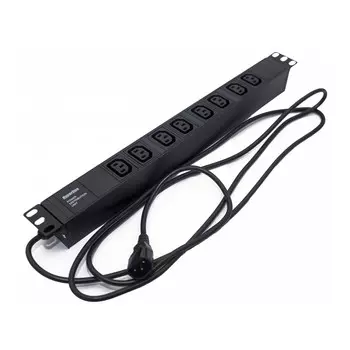 Hyperline SHE19-8IEC-2.5IEC Блок розеток для 19" шкафов, горизонтальный, 8 розеток IEC320 C13, кабель питания 2.5м (3х1.0мм2) с вилкой IEC320 C14 10A, 250В, 482.6x44.4x44.4мм (ШхГхВ), корпус алюминий, черный (086778)