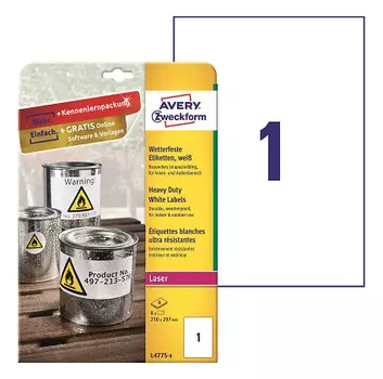 Этикетки Avery Zweckform L4775-8 A4 297x210мм 1шт на листе/196г/м2/8л./белый самоклей. для лазерной печати
