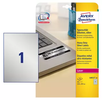 Этикетки Avery Zweckform L6013-20 A4 210x297мм 1шт на листе/198г/м2/20л./серебристый самоклей. для лазерной печати