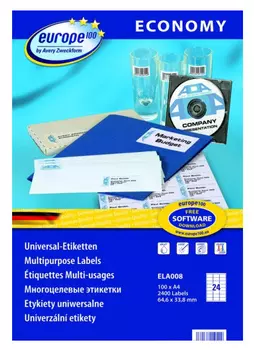Этикетки Europe100 ELA008-100 A4 64.6x33.8мм 24шт на листе/70г/м2/100л./белый матовое самоклей. универсальная
