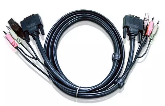 Кабель KVM USB(тип А Male)+DVI-D(Male)+2хАудио(Male)  USB(тип B Male)+DVI-D(Male)+2хАудио(Male) 1,8м., черный. ATEN 2L-7D02U