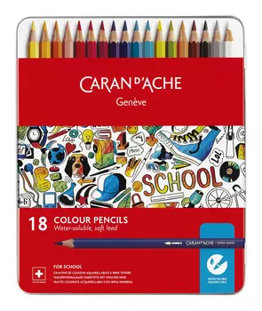 Карандаши цветные акварельные Carandache School 1290.318 шестигранные дерево металлик мет.кор. (18шт)