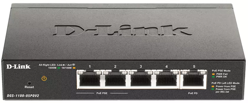 Коммутатор D-Link DGS-1100-05PDV2/A1A, L2 Smart Switch with 4 10/100/1000Base-T ports and 1 10/100/1000Base-T PD port(2 PoE ports 802.3af (15,4 W), PoE Budget 18W from 802.3at / 8W from 802.3af).2K Mac address, (DGS-1100-05PDV2/A1A)