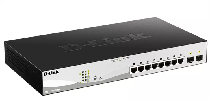 Коммутатор D-Link DGS-1210-10MP/FL1A, L2 Managed Switch with 8 10/100/1000Base-T ports and 2 1000Base-X SFP ports (8 PoE ports 802.3af/802.3at (30 W), PoE Budget 130 W).8K Mac address, 802.3x Flow Control, 256 (DGS-1210-10MP/FL1A)
