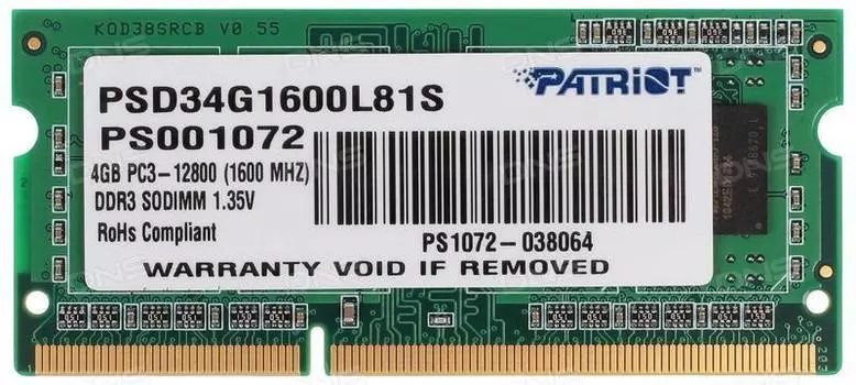 Модуль памяти для ноутбука SODIMM 4GB PC12800 DDR3L PSD34G1600L81S PATRIOT
