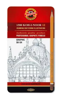 Набор карандашей чернографит. Koh-I-Noor 1502 Graphic 1502012009PLRU 5B-5H шестигран. корпус желтый коробка металлическая (12шт)