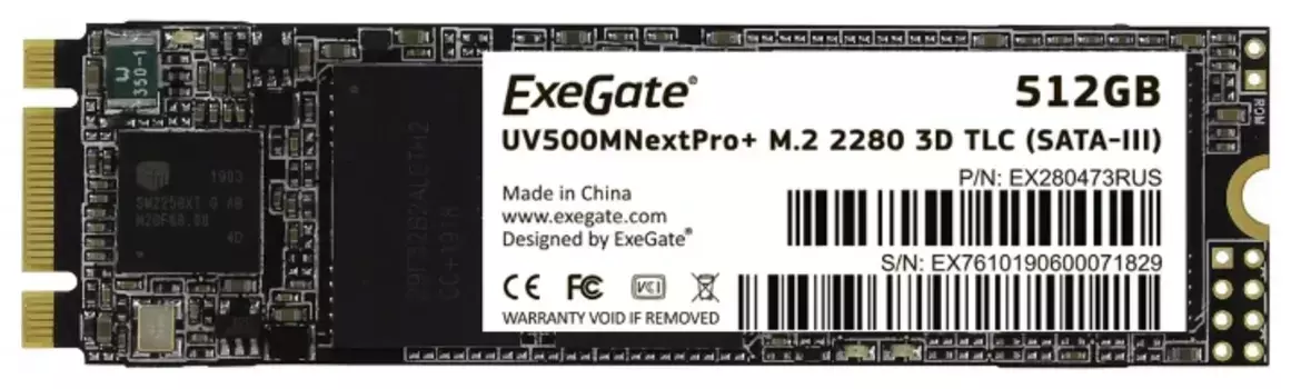 Накопитель SSD M.2 2280 512GB ExeGate NextPro+ UV500TS512 (SATA-III, 22x80mm, 3D TLC) (EX280473RUS)