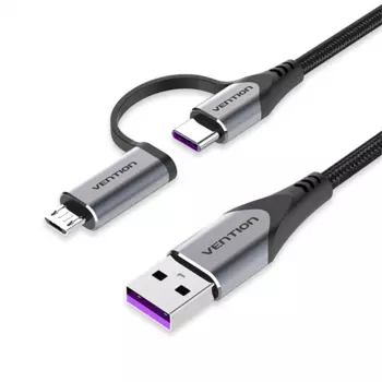 Переходник Vention USB 2.0 A Male to 2-in-1 USB-C&amp;Micro-B Male 5A Cable 1M Gray Aluminum Alloy Type (CQFHF)