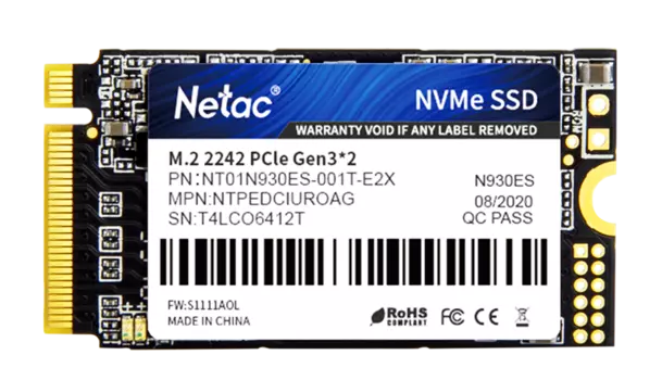 Ssd накопитель Netac SSD N930ES PCIe 3 x2 M.2 2242 NVMe 3D NAND 1TB, R/W up to 1650/1500MB/s, 3y wty (NT01N930ES-001T-E2X)