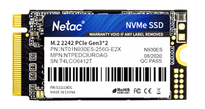 Ssd накопитель Netac SSD N930ES PCIe 3 x2 M.2 2242 NVMe 3D NAND 256GB, R/W up to 1650/1260MB/s, 3y wty (NT01N930ES-256G-E2X)
