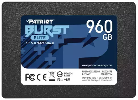 SSD PATRIOT Burst Elite 960Гб Наличие SATA 3.0 3D NAND Скорость записи 320 Мб/сек. Скорость чтения 450 Мб/сек. 2,5" TBW 400 Тб PBE960GS25SSDR