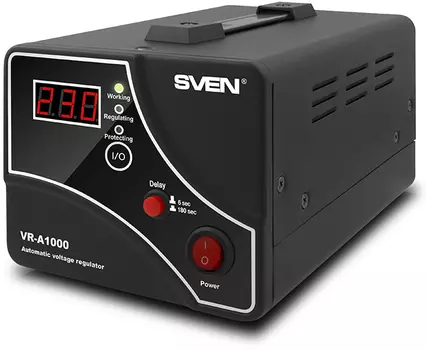 Стабилизатор SVEN VR-A1000, релейный, 1000Ва, 600вт, 140-275в, 1 евророзетка, черный, габариты 230 ? 130 ? 140мм, 2.9кг. SVEN VR-A1000 (SV-014407)