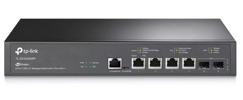 TP-Link JetStream™ 6-портовый управляемый коммутатор с 4 портами PoE++ 10GBase-T и 2 слотами SFP+ 10GE уровня 2+ (TL-SX3206HPP)