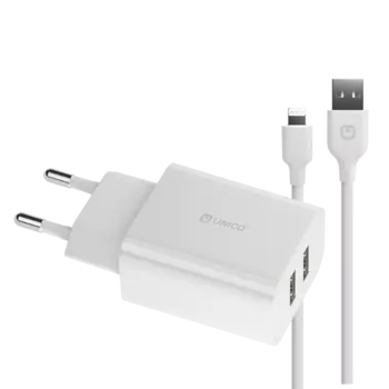 Unico Сетевое ЗУ, 2xUSB 2.0, вх 2,4А, вых 5V/2.4A 12W max, защита от КЗ, черный, вкл кабель lightning, белый, RTL BOX (WCS8PINUNC)