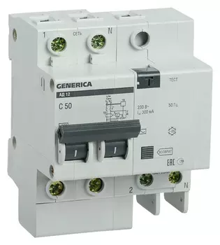 Выключатель автом. дифф. тока IEK АД12 Generica MAD15-2-050-C-300 50A тип C 4.5kA 300мА AC 2П 230В 4мод серый (упак.:1шт)