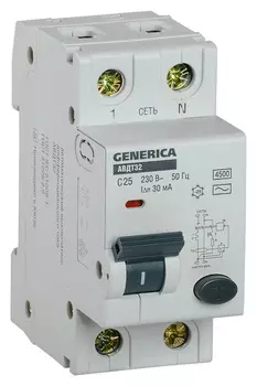 Выключатель автом. дифф. тока IEK АВДТ 32 Generica MAD25-5-025-C-30 25A тип C 6kA 30мА AC 2П 230В 2мод серый (упак.:1шт)