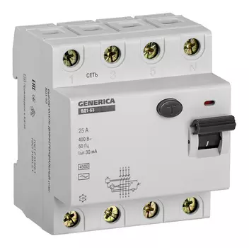 Выключатель дифф.тока УЗО IEK ВД1-63 Generica MDV15-4-025-030 25A 4.5kA 30мА AC 4П 400В 4мод серый (упак.:1шт)