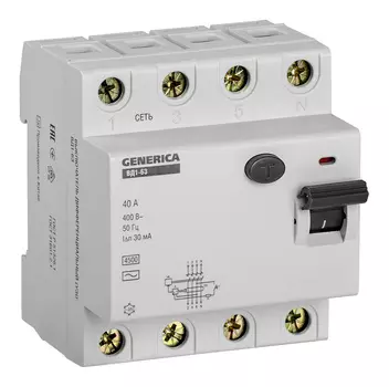 Выключатель дифф.тока УЗО IEK ВД1-63 Generica MDV15-4-040-030 40A 4.5kA 30мА AC 4П 400В 4мод серый (упак.:1шт)