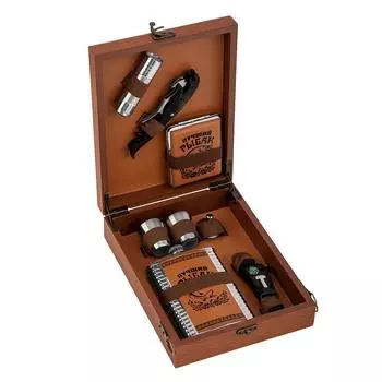 Набор-чемодан (фляжка кожа + 2 стопки + портсигар) Helios