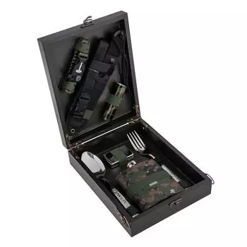 Набор-чемодан (фляжка, ложка, вилка,зажигалка,нож,фонарик,компас) Helios