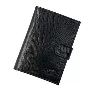 Бумажник водительский Premier с отделением для карт, паспорта и купюр (7 карманов), из черной натуральной кожи (игуана), с хлястиком