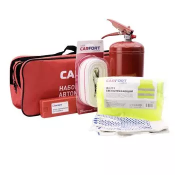 Набор автомобилиста CARFORT (огнетушитель 2кг, строп лента 5т, знак, жилет, перчатки), без аптечки