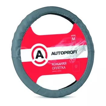 Оплетка на руль AUTOPROFI с вставками «елочкой», кожа, серый цвет, размер M (37-39см)
