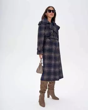 Пальто под пояс в клетку тартан (XS)
