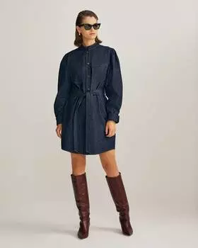 Платье-рубашка с воротником-стойкой и поясом (L)