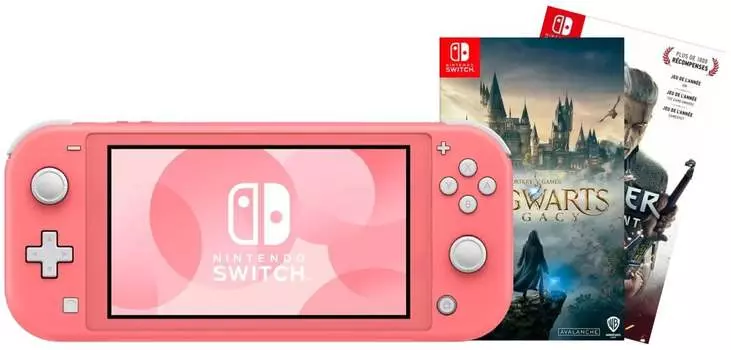 Игровая приставка Nintendo Switch Lite Coral (кораллово-розовый) + Игра Hogwarts Legacy + Игра Ведьмак 3: Дикая охота