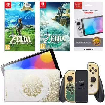 Игровая приставка Nintendo Switch OLED 64 GB Zelda: Tears of the Kingdom Edition (JP) + Игра Legend of Zelda: Tears of the Kingdom + Игра The Legend of Zelda: Breath of the Wild + Защитная плёнка OIVO