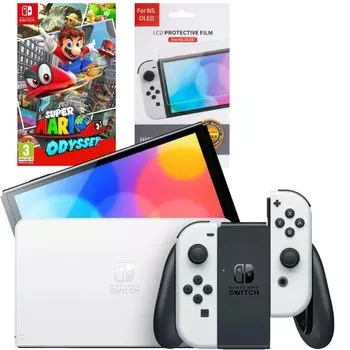 Игровая приставка Nintendo Switch OLED 64GB (белый) (AZ) + Игра Super Mario Odyssey + Защитная плёнка OIVO