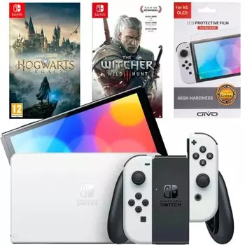 Игровая приставка Nintendo Switch OLED 64GB (белый) (AZ) + Игра Hogwarts Legacy + Игра Ведьмак 3: Дикая охота + Защитная плёнка OIVO