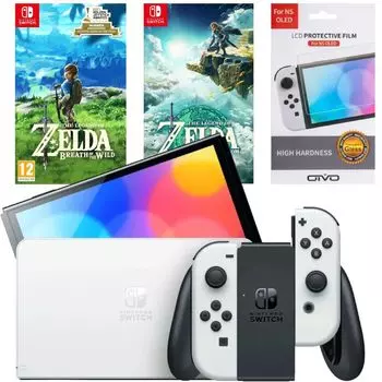 Игровая приставка Nintendo Switch OLED 64GB (белый) (AZ) + Игра Legend of Zelda: Tears of the Kingdom + Игра The Legend of Zelda: Breath of the Wild + Защитная плёнка OIVO