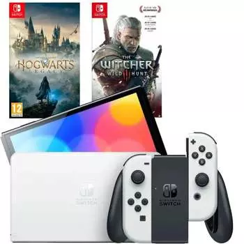 Игровая приставка Nintendo Switch OLED 64GB (белый) (AZ) + Игра Hogwarts Legacy + Игра Ведьмак 3: Дикая охота