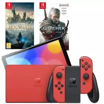 Игровая приставка Nintendo Switch OLED 64GB (Mario Red Edition) (AZ) + Игра Hogwarts Legacy + Игра Ведьмак 3: Дикая охота