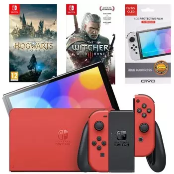 Игровая приставка Nintendo Switch OLED 64GB (Mario Red Edition) (AZ) + Игра Hogwarts Legacy + Игра Ведьмак 3: Дикая охота + Защитная плёнка OIVO