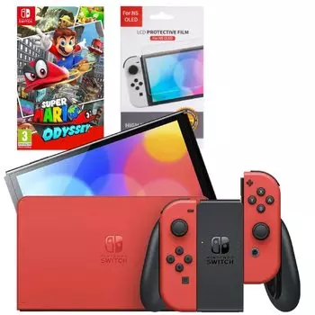 Игровая приставка Nintendo Switch OLED 64GB (Mario Red Edition) (AZ) + Игра Super Mario Odyssey + Защитная плёнка OIVO