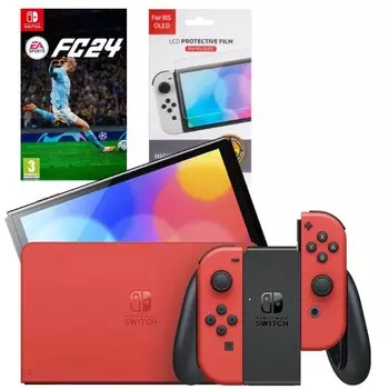 Игровая приставка Nintendo Switch OLED 64GB (Mario Red Edition) (AZ) + Игра EA Sports FC 24 + Защитная плёнка OIVO