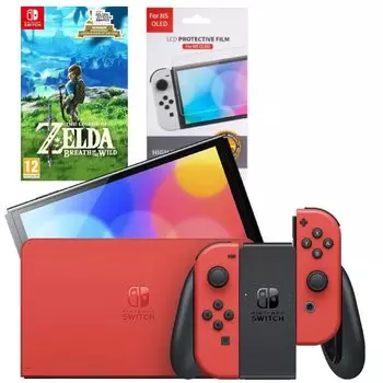 Игровая приставка Nintendo Switch OLED 64GB (Mario Red Edition) (AZ) + Игра The Legend of Zelda: Breath of the Wild + Защитная плёнка OIVO